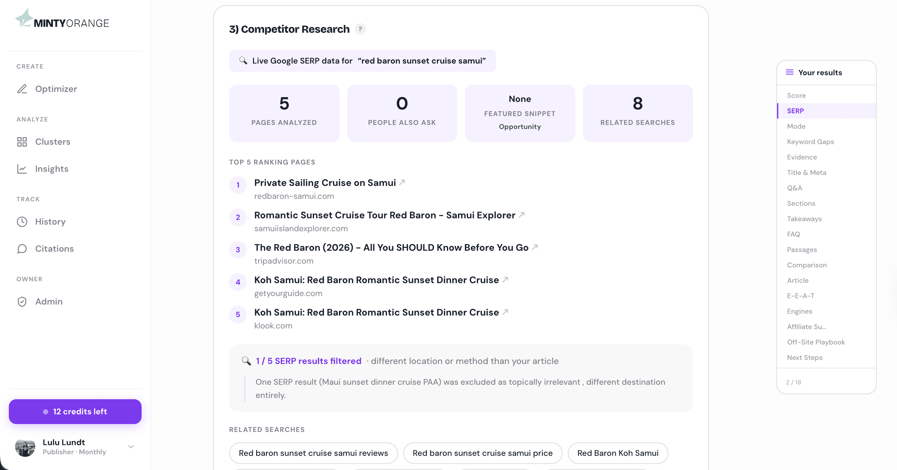 Live Competitor Research view showing top 5 ranking pages and People Also Ask questions.