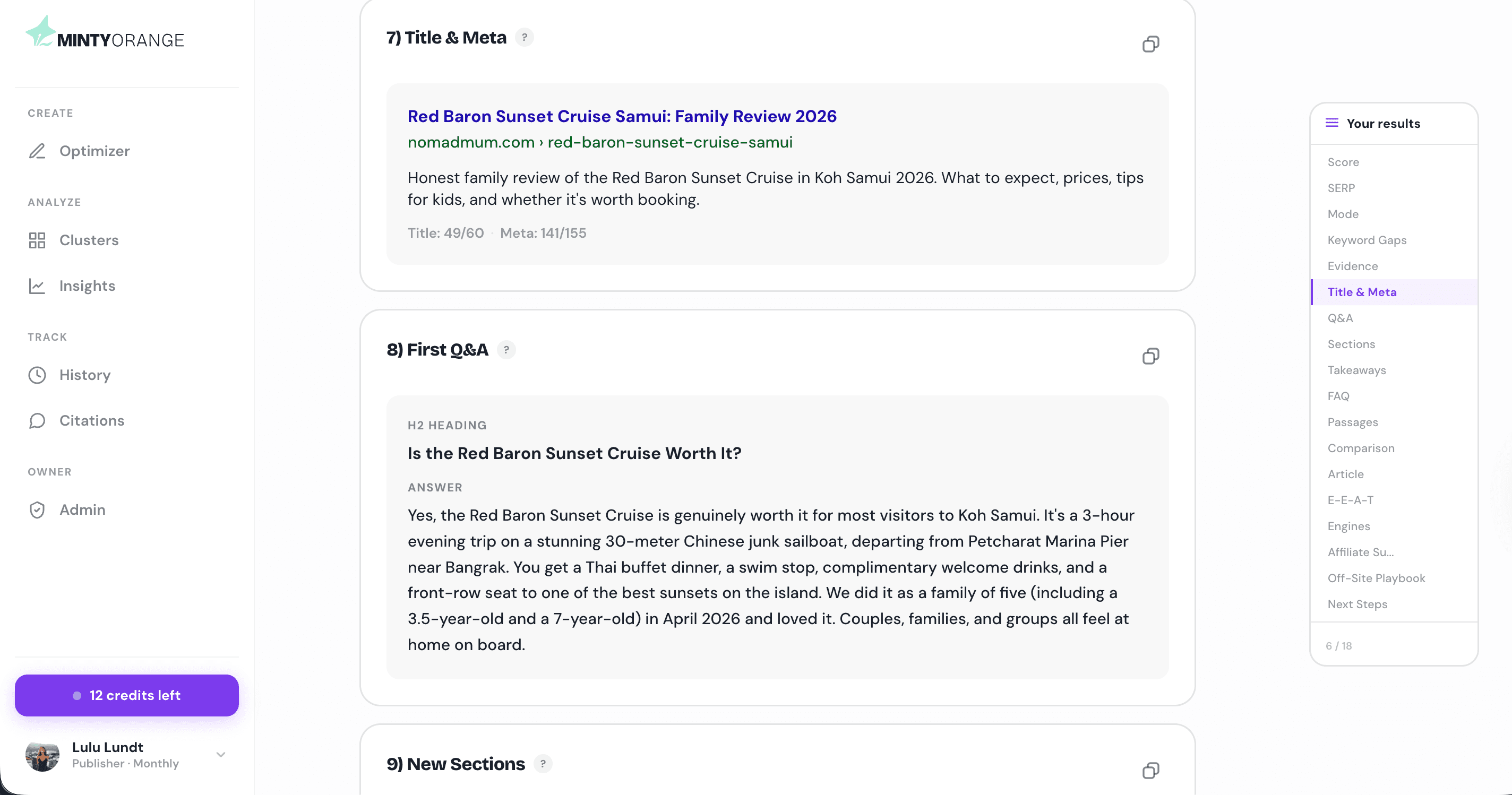 Title and Meta plus First Q&A sections of an optimization result.