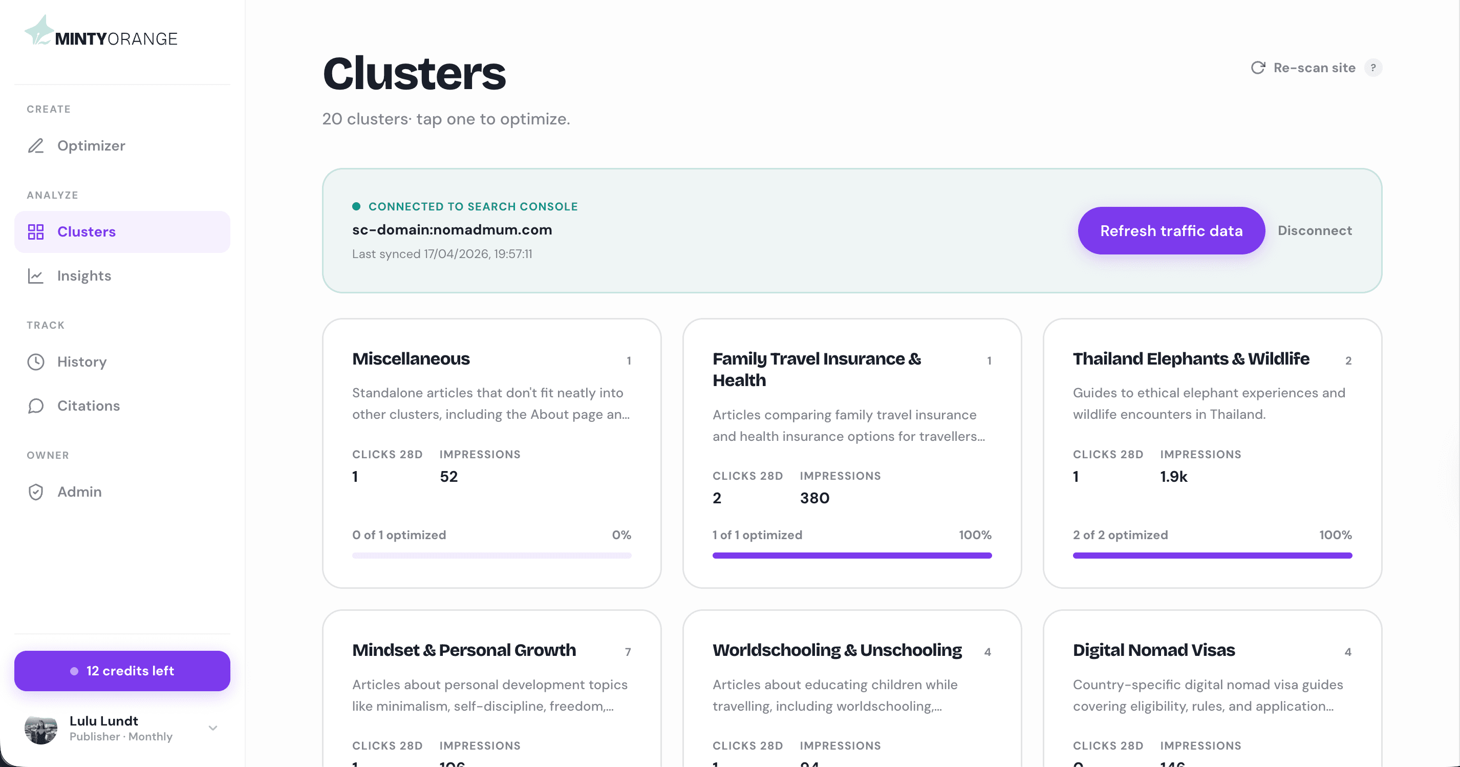 Clusters dashboard showing topical groupings of a website with clicks and impressions per cluster.